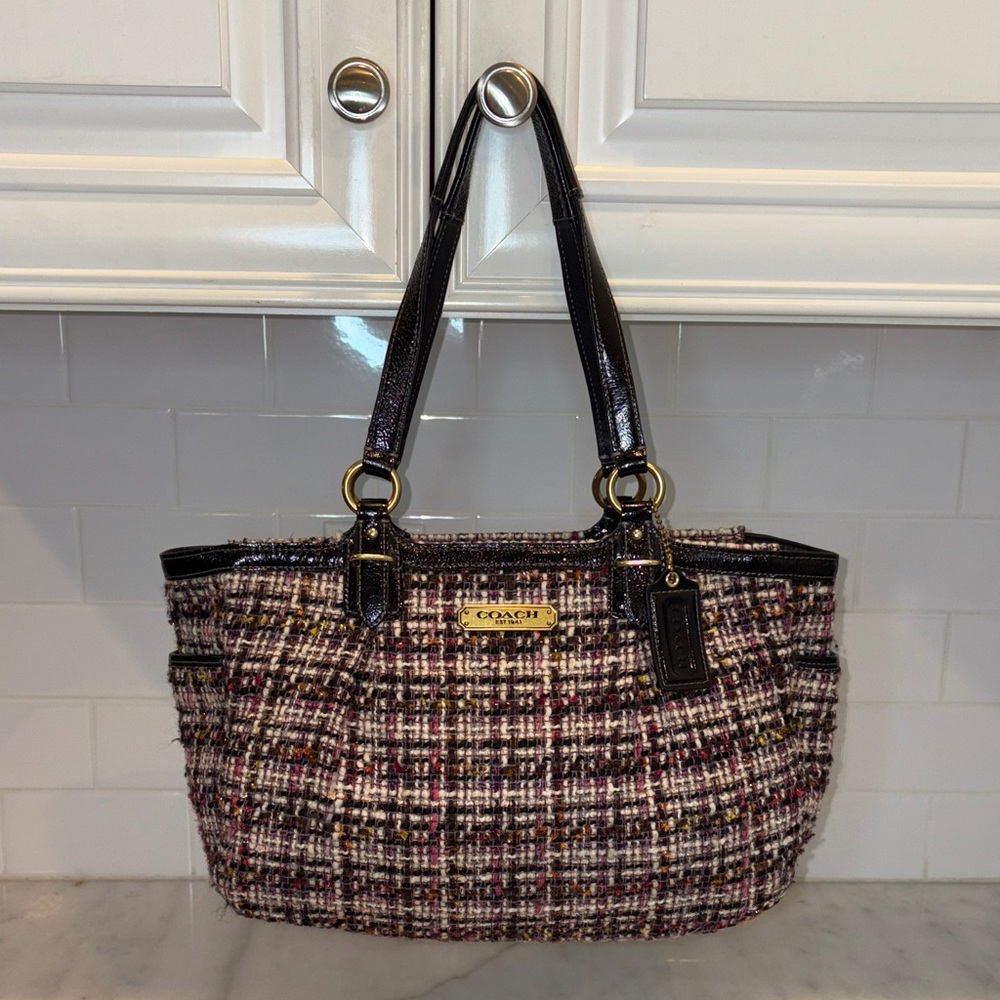 Coach Tweed Tote Bag in Multicolor with Black Leather Trim